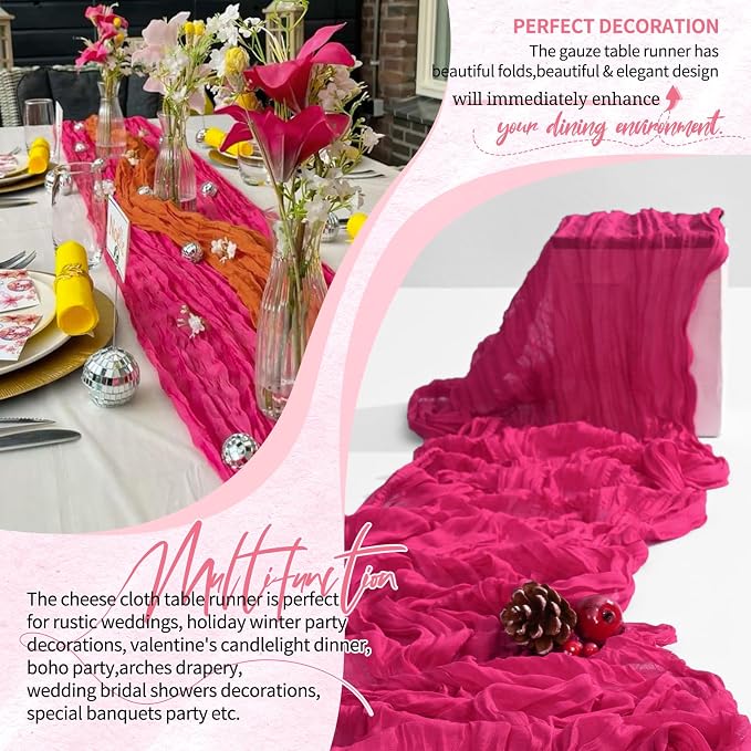 10 Pack Hot Pink Cheesecloth Table Runner 10FT Boho Gauze Cheese Cloth Table Runners Romantic Rustic Sheer Table Decorations for Wedding Party Baby Shower Birthday Holiday Home