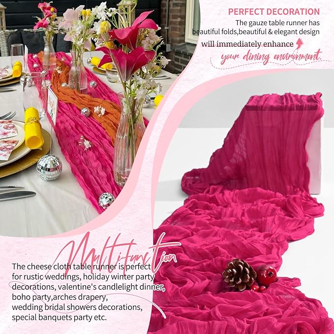 1 Pack Cheesecloth Table Runner 10FT Hot Pink Table Runner Boho Gauze Cheese Cloth Table Runners Long Rustic Sheer Table Decorations for Wedding Party Baby Bridal Shower Birthday Holiday Home