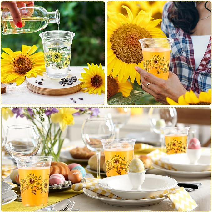 Hushee Sunflowers 60 Pcs Party Cups 16 oz Plastic Disposable Drinking Cups for Birthday Love Baby in Bloom Baby Shower Summer Fresh off The Market Bridal Shower Decorations Supplies