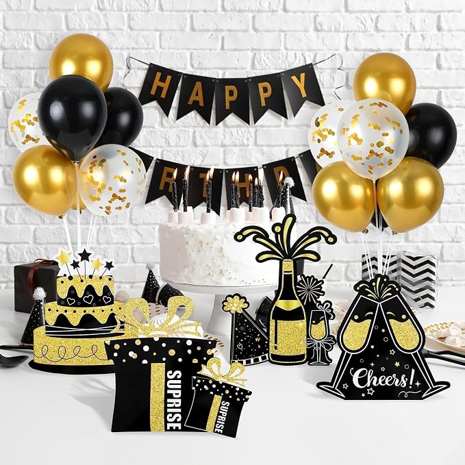 6 Sets Birthday Balloon Stand Kit for Table Happy Birthday Black Gold Balloon Centerpiece Decor Black and Gold Balloon Stand Kit for 40th 50th 60th 70th Birthday Party Decoration