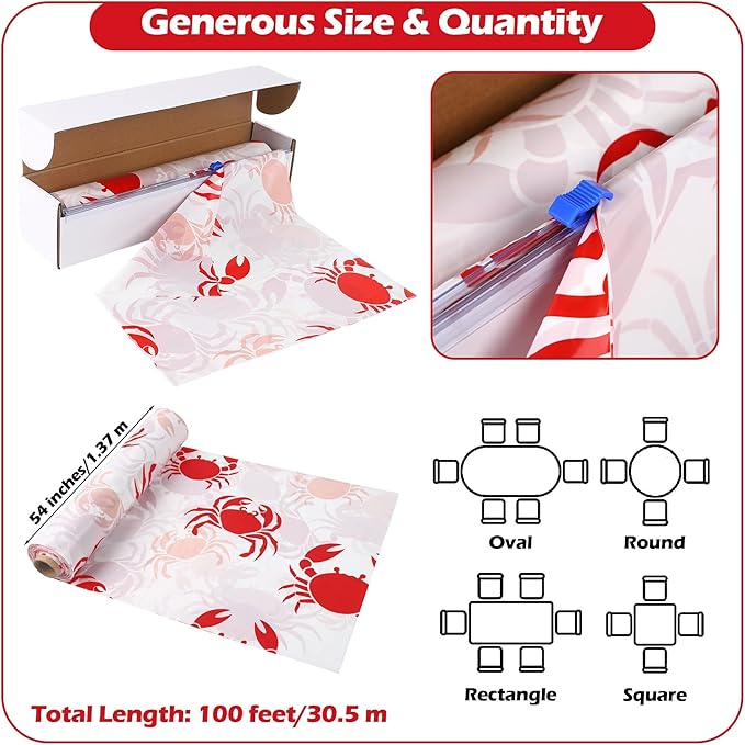 Kochorie 100 Ft x 54 Inch Crab Boil Party Tablecloth Roll with Cutter Box Disposable Plastic Crab Table Cover Roll Waterproof Table Cover for Crawfish Birthday Indoor Outdoor Party Supplies Decor