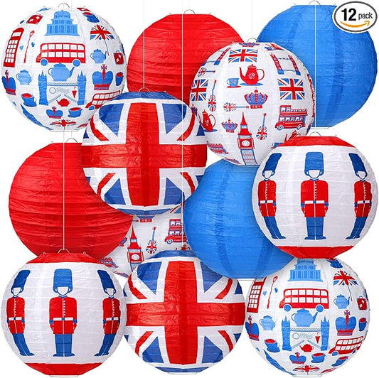 Panelee 12 Pcs British Party Decoration Britain UK England Flag Theme Hanging Paper Lanterns with London Double Decker Bus Telephone Booth Lanterns Decorative for Hanging Coronation Party Decor
