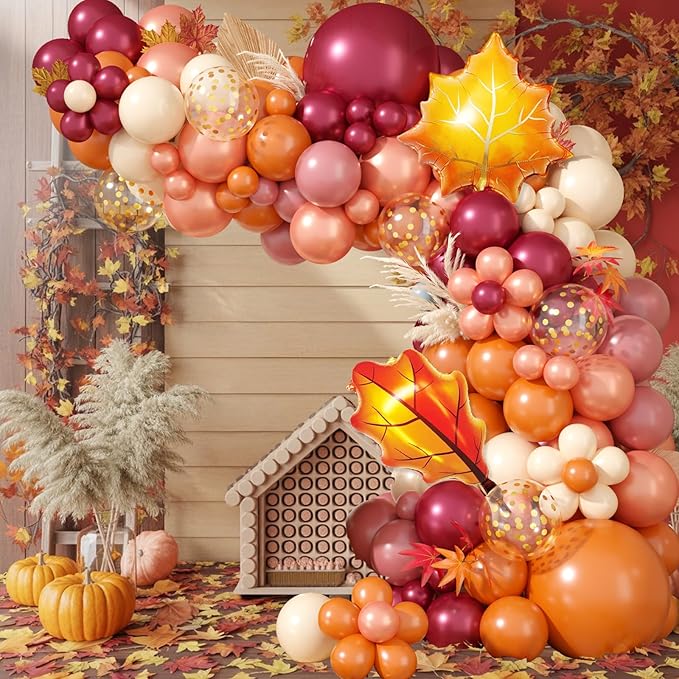 Fall Balloon Garland Arch Kit, Orange Wine Red Nude Sand White Gold Confetti Balloons with Leaf Foil Balloons for Thanksgiving Balloon Autumn Fall Birthday Baby Shower Party Decorations