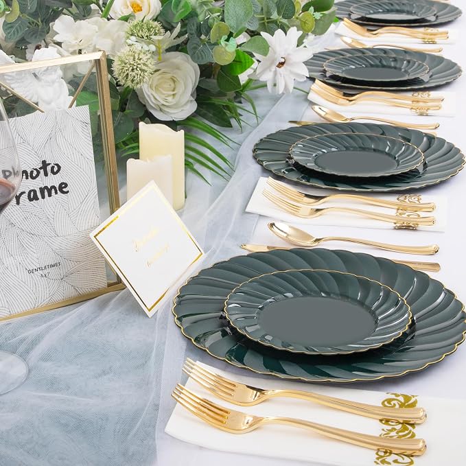 YOUBET 150PCS Emerald Green Plastic Plates - Green and Gold Disposable Dinnerware Include 50 Plates, 25 Knives, 25 Forks, 25 Spoons, 25 Napkins Ideal for Party & Wedding
