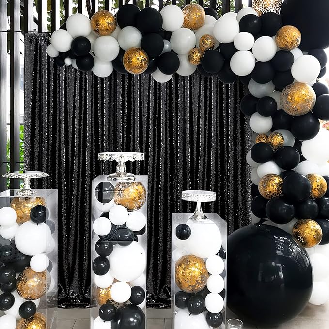 B-COOL Black Sequin Curtains Drapes 4 Panels Glitter Party Curtains 2FTx8FT for New Years Gothic Themed Party Birthday Stage Holiday Decorations