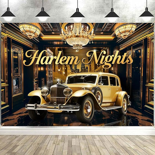 Harlem Nights Backdrop 1920s Vintage Car Photography Background Roaring 1920's Banner Black Gold Vintage Music Themed Speakeasy Decor Banner Portrait Photo Booth Studio Props 9x6ft FU048YL