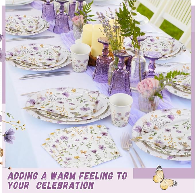 Ziliny 250 Pcs Wildflower Party Decorations Include Spring Summer Floral Paper Plates Napkins and Cups for Wildflower Baby Shower Tea Decorations, Serve 50 Guest (Purple, Spring Style)