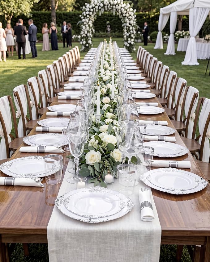 Nervure 350PCS Silver Plastic Plates - Silver Plastic Dinnerware Sets for 50 Guests - 100 Disposable Plates, 150 Silverware, 50 Cups, 50 Napkins for Wedding & Party
