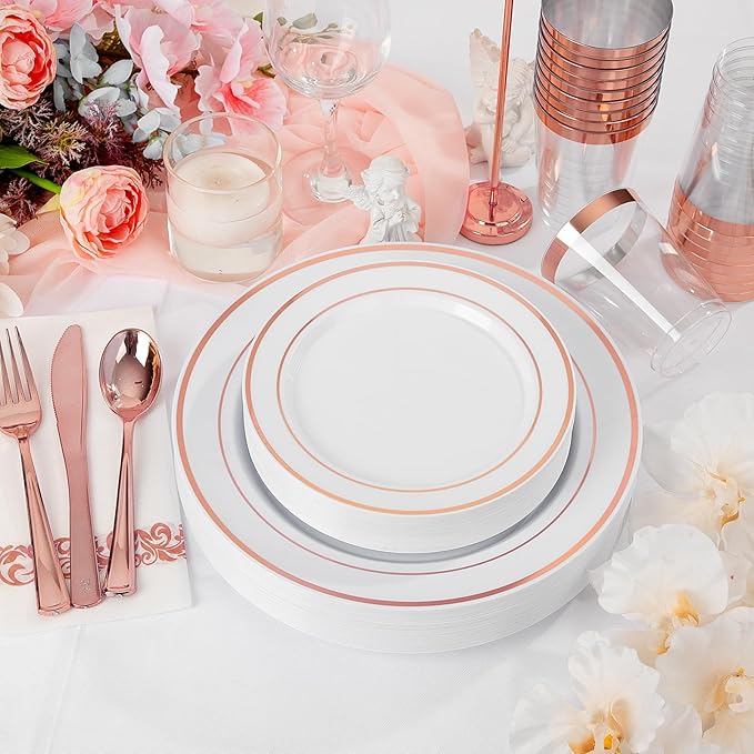 Supernal 400pcs Rose Gold Plastic Plates Disaposable Heavy Duty included Disposable Utensils& Plastic Party Plates Disaposable Party Cups and Napkins Sets for Valentine's Day Mother's Day and Easter