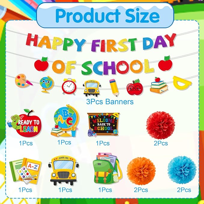 Welcome Back to School Decorations - 15PCS Happy First Day of School Party Banner Hanging Swirls Paper Pompoms, Welcome First Day of Classroom Party Decor Supplies