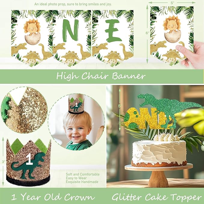 Hombae One a Saurus Birthday Decorations, Dinosaur 1st Party for One Year Old Boy Backdrop Balloon Garland Leaves Monthly Photo Highchair Banner Box Cutout Cake Topper Crown Poster 139 PCs