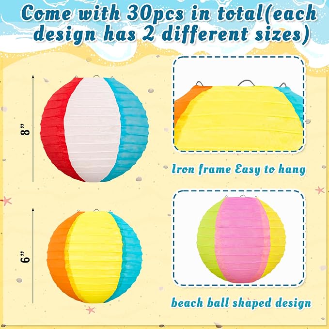 30PCS Beach Ball Paper Lanterns Bulk Pool Summer Luau Hawaiian Tropical Hanging Party Decorations Indoor Outdoor