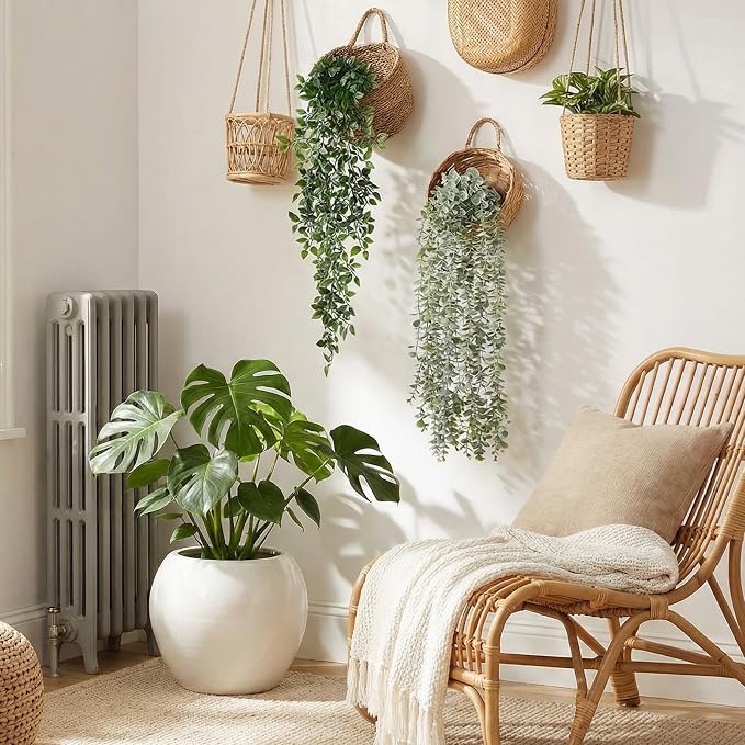 Daifunli 8 Pcs Artificial Hanging Plants Fake Hanging Ferns Plastic Faux Plants for Wall Room Garden Garland Indoor Outdoor Decor No Basket (Eucalyptus,Mandala Vine)