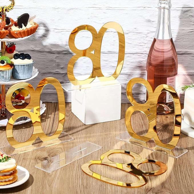 Threehoney 12 Pcs Mirror Gold 80th Birthday Decorations for Men and Women Acrylic Anniversary Decorations Table Numbers Centerpieces for Birthday Party