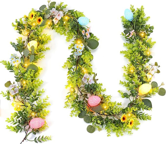 CENMORISE Easter Garland Decorations-6FT Spring Floral Egg Garland with Eucalyptus Leaf Flower,Battery Operated with Timer for Mantle Fireplace Door Home Office