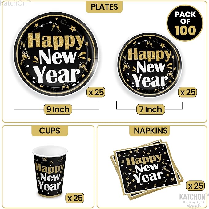 KatchOn, New Years Plates and Napkins Set - Serves 25 Guests | Black and Gold Plates, Cups, and Napkins | New Years Eve Party Supplies 2026 | Happy New Year Eve Plate, NY Party Decorations Favors