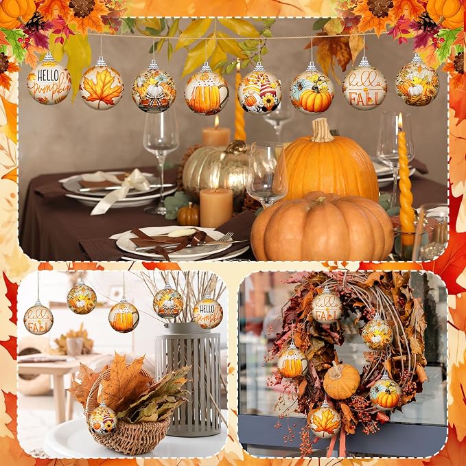 Outus 16 Pcs Fall Ornaments for Tree Autumn Thanksgiving Ball Decorations Pumpkin Maple Leaf Hanging Ornament for Fall Autumn Harvest Home Fireplace and Holiday Party Supplies
