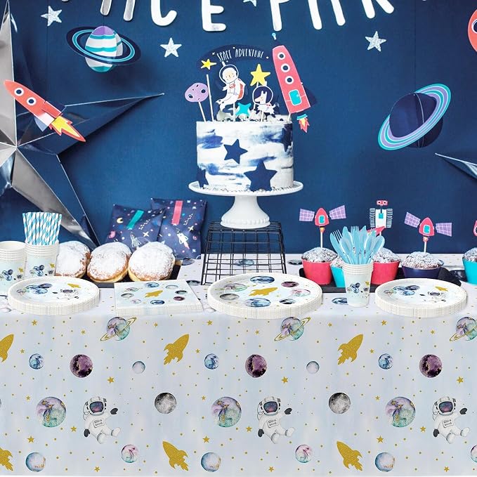Space Theme Party Supplies For Boy - Galaxy Outer Space Planet Astronauts Party Decorations for Birthday Baby Shower, Paper Plate, Cup, Napkin, Tablecloth, Tableware | Serves 24