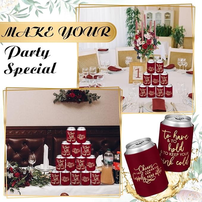 Qinyoung 50 Pieces Burgundy Wedding Can Cooler Sleeves Bulk Engagement Party Favors for Guests Cheers to Love Laughter and Happily Ever After Rehearsal Dinner Decorations for Wedding Bridal Parties