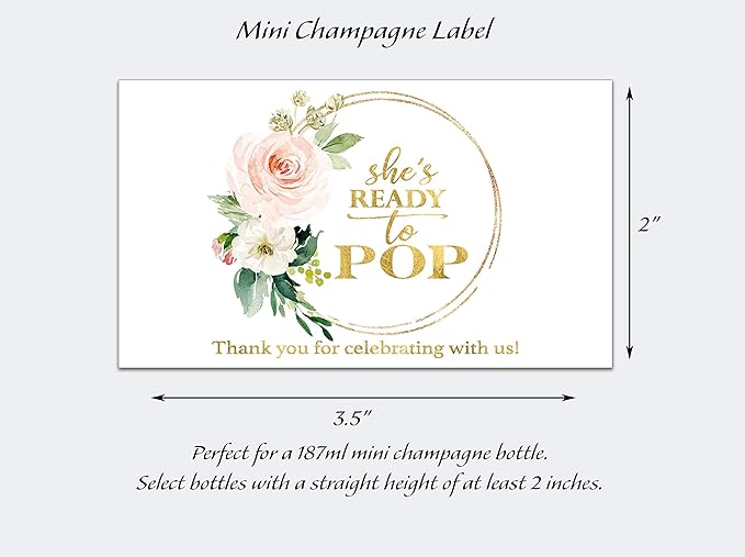 She’s Ready To POP ● SET of 18 ● Blush Rose Baby Shower Mini Champagne Labels, Thank You for Celebrating with us Faux Gold Mini Champagne Labels POP When You Get the News Favors WATERPROOF M625-POP-18