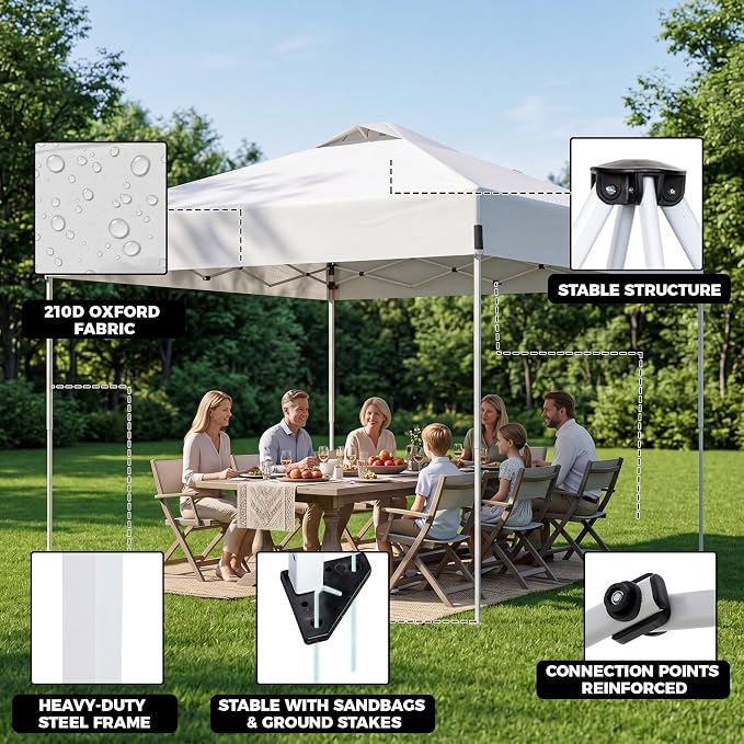 10x10 Pop Up Canopy One Push Setup Portable Heavy Duty Outdoor Beach Tent with 3 Heights & 4 Sandbags Sun Shade with Rolling Bag for Events Parties Camping, White