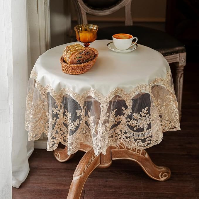 ARTABLE Lace Tablecloth Rectangle Waterproof Table Cover with Exquisite Macrame Border for Wedding Kitchen Holidays Party Decor (Beige, 36 Inch Round)