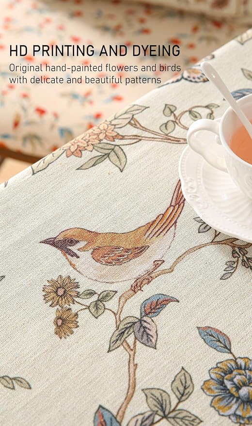 ISAENNE Designer French Linen Square Large Tablecloth,67"x67"-Cornucopia | Vintage Elegant Floral and Bird Pattern Beautiful Durable Table Cloth for Dining Tea Party Kitchen Thanksgiving,Decor