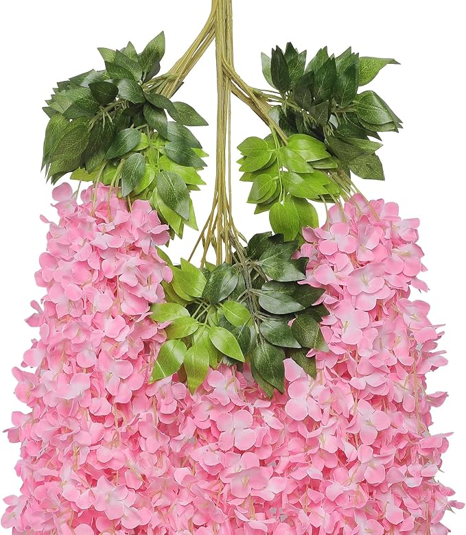 Pauwer Wisteria Hanging Flowers 24 Pack Fake Flower Garland Artificial Wisteria Vines Rattan Silk Flower String Wedding Party Wall Decorations,Pink