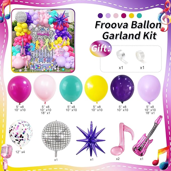 K-Pop Music Balloons Arch Kit, 119Pcs Pastel Hot Pink Royal Purple Teal Yellow Balloons Garland with Disco Guitar Notes Exploding Star Foil Balloon for Fans Singer Karaoke Birthday Party Decorations