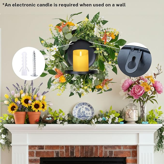 MOYEE Summer Centerpieces for Tables Candle Ring, Black Metal Candlestick with an Artificial Wreaths 14 in Versatile Dining Table Centerpiece Decor (an Orange and White Wreath)