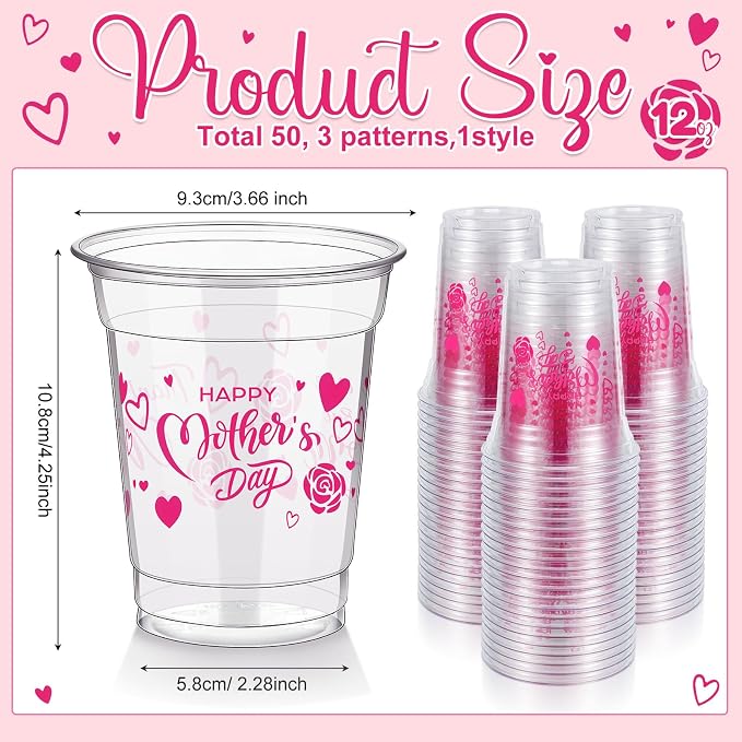 FoldTier 50 Pcs Mother's Day Cups 12 oz Thank You Mom Plastic Cups Clear Best Mom Disposable Cup Mother's Day Drinking Cup for Home Kitchen Mother's Day Party Favors Supplies Decoration (Mother's Day)