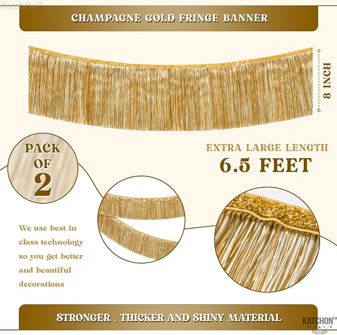 KatchOn, Large Champagne Gold Fringe Garland - 6.5 Feet, Pack of 2 | Foil Fringe Banner for 50th Birthday Decorations | Gold Streamers for Casino, Bachelorette, Graduation Decorations 2026
