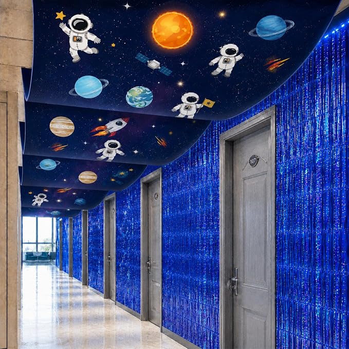 Irenare 5 Pcs Space Ceiling Decorations Planet Galaxy Party Decoration Set Astronaut Star Hanging Banner Dark Blue Tinsel Foil Fringe Curtain with Sparkling Stars for Space Astronaut Birthday Party