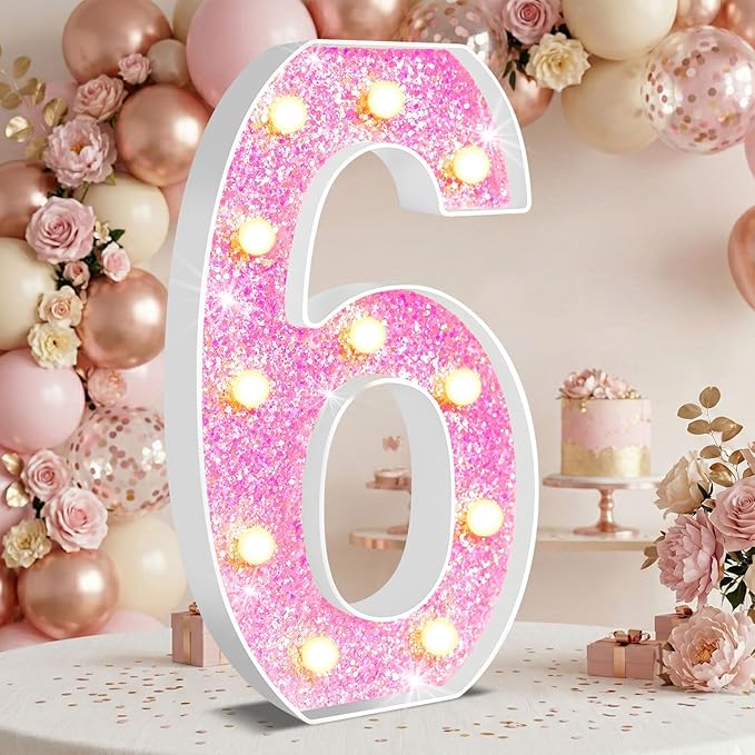 12.6 Inch LED Pink Marquee Light Up Numbers, Sweet 6th Birthday Decorations Number Lights as Gifts for Girls Women, Glitter Lighted Marquee Numbers for Pink Anniversary Party Table Decor, 6