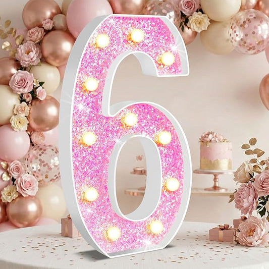 12.6 Inch LED Pink Marquee Light Up Numbers, Sweet 6th Birthday Decorations Number Lights as Gifts for Girls Women, Glitter Lighted Marquee Numbers for Pink Anniversary Party Table Decor, 6