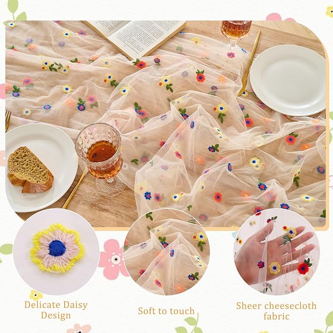 BINBE 12pcs Daisy Spring Table Runner Embroidery Gauze 10FT Florals Seasonal Tulle Holiday Birthday Kitchen Dining Table Decor for Home Party Champagne