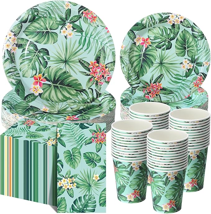 Pickmesh 250 Pcs Hawaiian Paper Napkins Plates Cups Set Tropical Nights Luau Party Supplies Hawaii Aloha Disposable Tableware for Summer Birthday Pool Beach Dinner, Serve for 50 Guests(Monstera)
