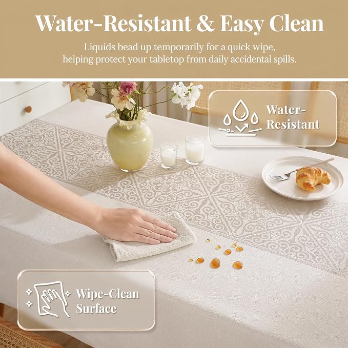 Linen Textured Tablecloth for Rectangle Tables | Heavy Duty Spillproof & Water Resistant Woven Table Cover for Farmhouse Kitchen, Dining Room, Beige