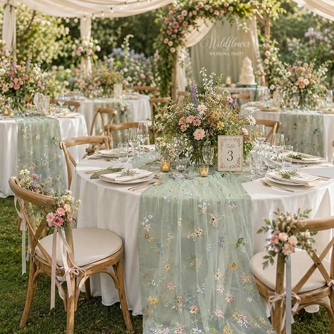 Mindsoft 3 Pack Embroidered Wildflower Tulle Table Runner 14 x 120 Inch Sage Green Floral Table Runner for Market Bridal Shower Wildflower Baby Shower Spring Summer Birthday Party Decor