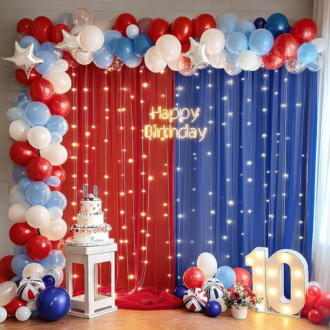 10x10ft Royal Blue Red Tulle Backdrop Curtain with Lights String for Parites, Sheer Photo Backdrop Curtains with lights for Wedding Backdrop Ceremony Reception Bridal Shower Baby Shower Birthday Party