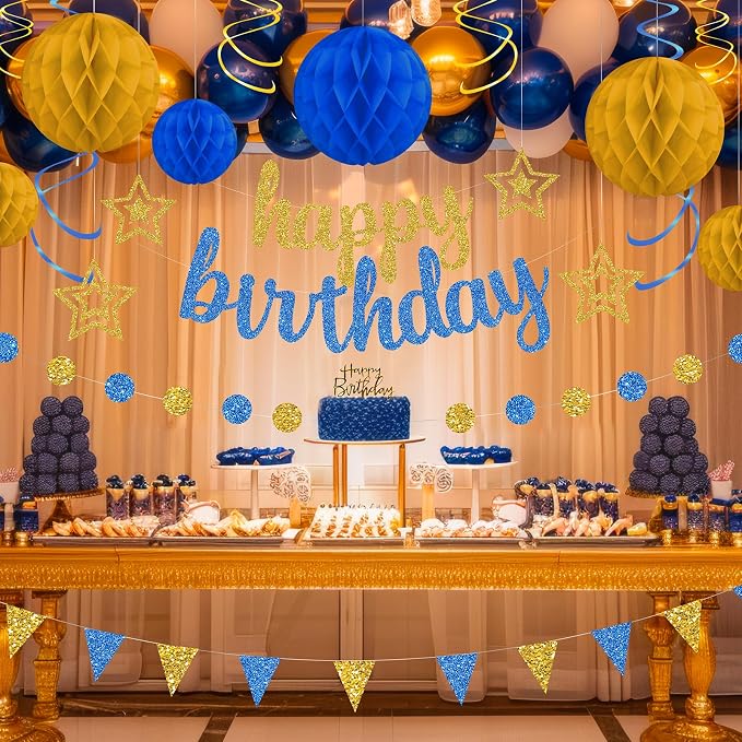 Blue and Gold Birthday Party Decorations Set - Happy Birthday Banner Balloons Foil Curtains Hanging Swirls for Men Women Kids Birthday Party Supplies