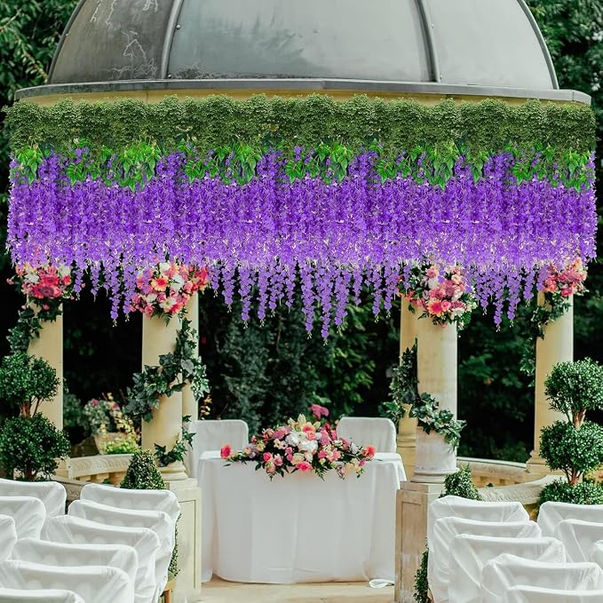 48 Pack Artificial Wisteria Hanging Flowers Fake Wisteria Flower Garland Silk Vines Rattan Decor for Home Wedding Arch Wall Garden Greenery Bedroom Outdoor Office Party Decoration (Purple)
