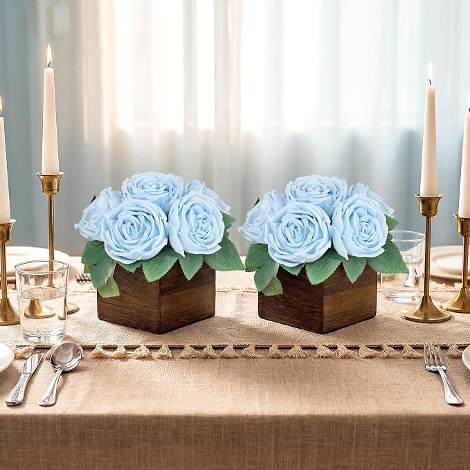 Dining Table Centerpiece Set of 6 - Pre-Made Aritifial Rose with Wooden Vase Fake Floral Arrangment Faux Flower for Wedding Bridal Tea Party Event Decorations - Blue