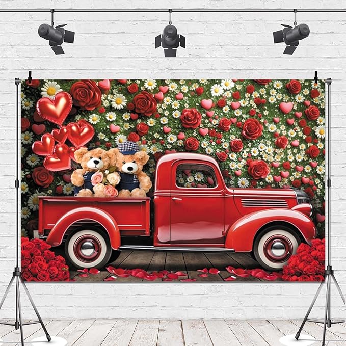 15x8ft Vinyl Red Car Backdrop Valentines Bear Floral Wall Truck Photography Background Wedding Bridal Engagement Party Decorations Studio Props