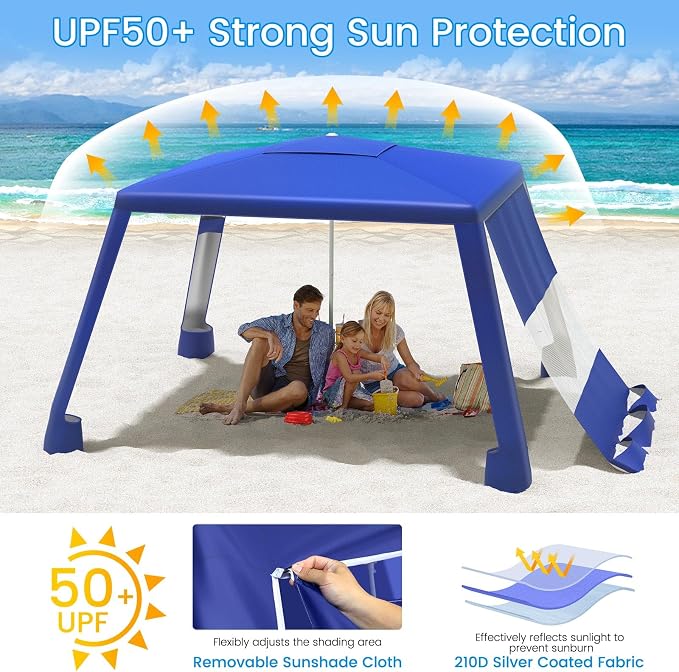 MoKo Beach Cabana, 8'×8' Large Beach Canopy with Side Wall, UPF 50+ Protection Easy Setup Beach Tent Sun Shelter, Adjustable Height Wind Resistant Cabana Beach Tent for Whole Family, Navy Blue