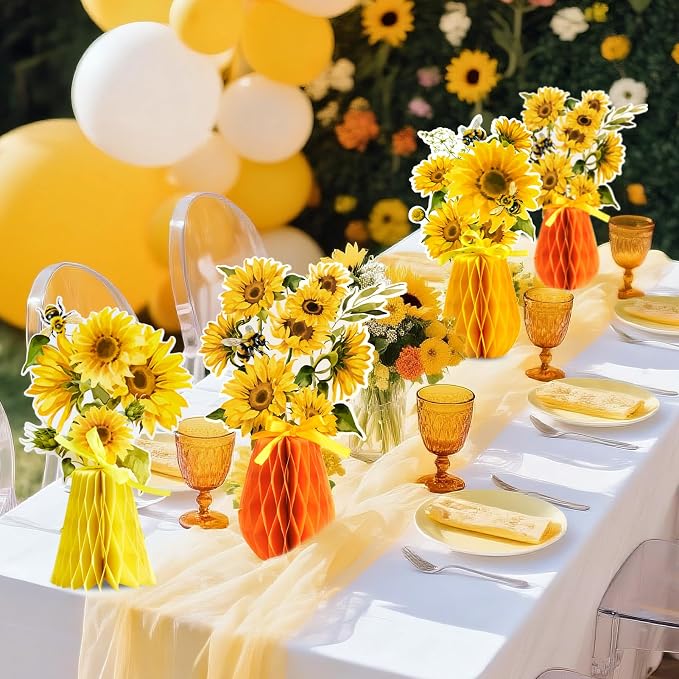 SUNBEAUTY 9 PCS Sunflower Honeycomb Centerpieces Sunflower Party Decorations Yellow Honeycomb Table Centerpiece for Spring Summer Garden Themed Birthday Baby Shower Decor