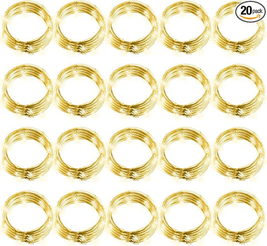 Hortsun 20 Packs Fairy Lights Battery Operated 3 Speed Modes, 7 Ft/ 2 M 20 LED Battery String Mini Waterproof Wire Twinkle Lights Bulk for Wedding Party Birthday Vases Decor (Warm White)