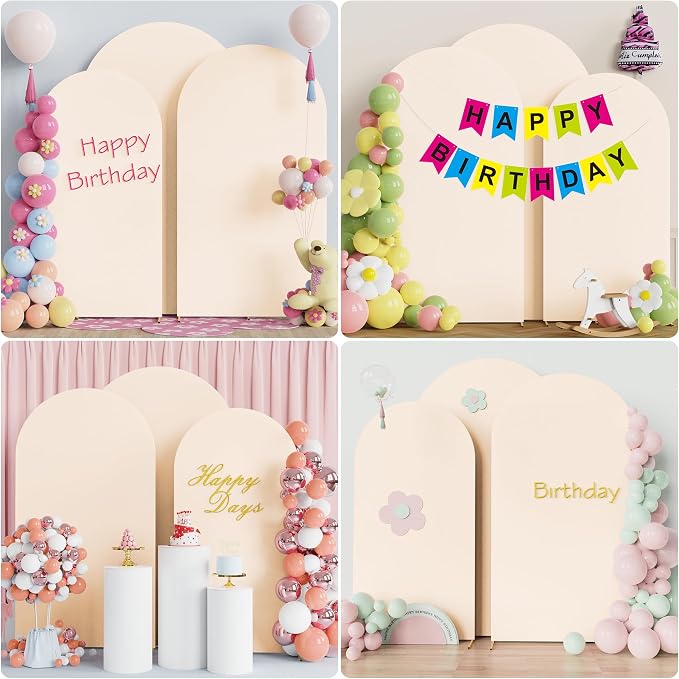 Wokceer Wedding Arch Backdrop Cover (8FT, 7.2FT, 6.6FT) Set of 3 Spandex Fitted Wedding Arch Stand Covers Round Top Chiara Backdrop Stands Cover for Birthday Party Ceremony Banquet Decor Beige