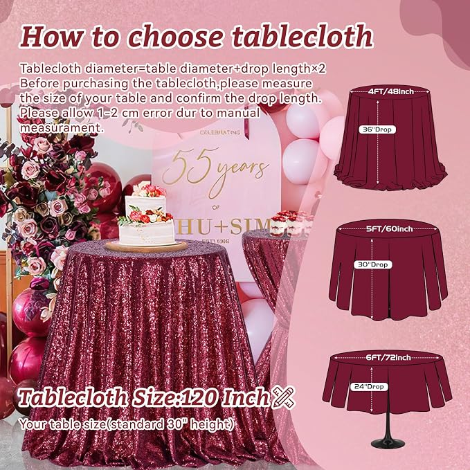 B-COOL Sequin Tablecloth Birthday Party Decor: 120 Inch Round Table Cloth Glitter Fabric Overlay for Indoor Outdoor Dining Parties Home Valentines Christmas Burgundy