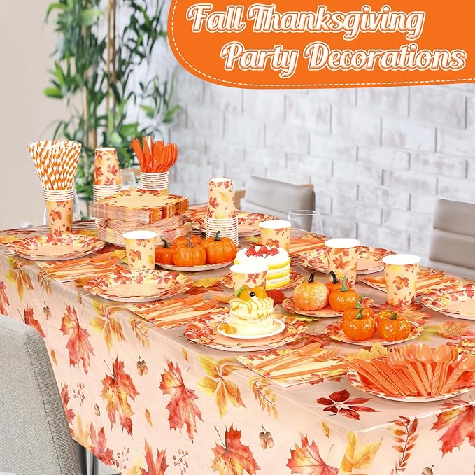 Funnymoom 452 Pcs Thanksgiving Fall Party Decorations, Maple Leaves Thanksgiving Paper Plates Napkins Cups Tablecloth Cutlery Straws for Autumn Fall Theme Birthday Holiday Party Supplies, Serves 50